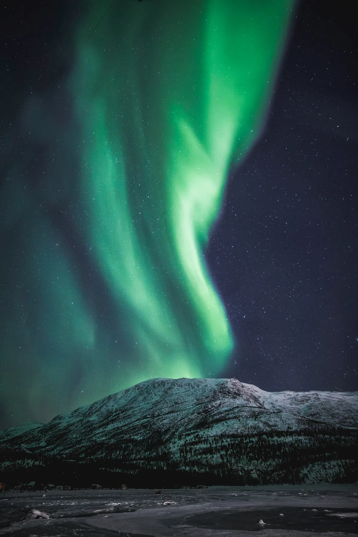 A tall green aurora rising over a snow-covered mountain